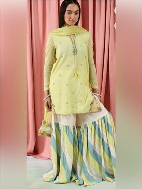 Generation Lemon Yellow & Aqua Striped Palazzo Skirt Set 2 Piece
